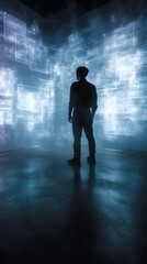 Poster - Man standing in a virtual holographic interface