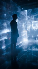 Poster - Silhouette figure in virtual space surrounded by holographic UI panels