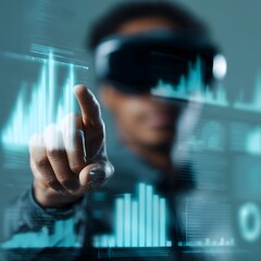 Poster - Person in virtual reality headset interacting with futuristic finance dashboard