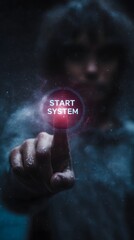 Poster - Person touching holographic START SYSTEM icon in virtual reality environment