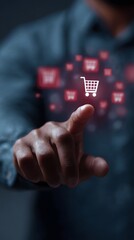 Poster - A futuristic virtual shopping experience with a hand interacting with floating cart and price icons