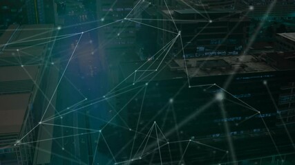 Poster - Network fading in, glowing nodes, lines shifting, pulsing, visualizing data flow above cityscape