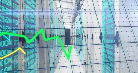 Poster - Green and yellow graphs emerging changing with cyan trace on server corridor grid streaming data