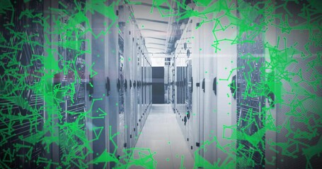 Poster - Green particles drifting inward around server racks, forming swirling frame visualizing data flow