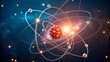 © Володимир Виповський - Illustration of an atom with electrons orbiting around the nucleus set against a cosmic background in a science conceptual theme