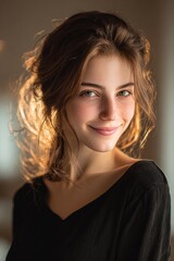 Aufkleber - Smiling Young Woman With Freckles and Green Eyes in Warm Light, Depicting Natural Beauty and Authentic Self-Expression for Lifestyle Content : Generative AI