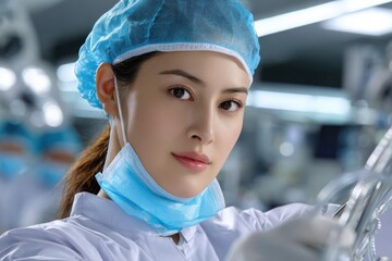 Poster - Asian Female Doctor in Surgical Mask and Cap in Hospital Setting, Emphasizing Healthcare Professionalism and Medical Technology : Generative AI