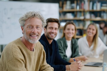 Aufkleber - Smiling Mature Businessman in Meeting With Colleagues, Depicting Leadership and Corporate Teamwork in a Bright Office Environment for Recruitment Campaigns : Generative AI