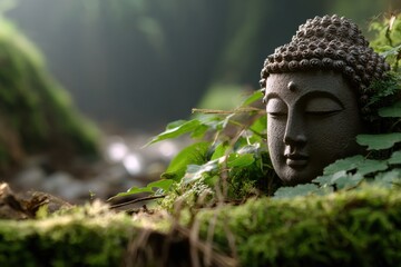 Poster - Stone Buddha Head Surrounded by Greenery, Representing Meditation and Spiritual Wellness in a Peaceful Setting for Relaxation and Mindfulness Retreats : Generative AI