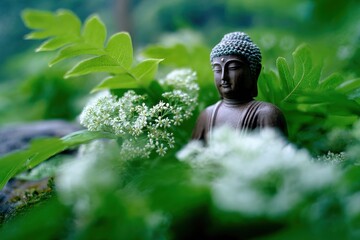 Aufkleber - Buddha Statue Surrounded by Greenery and White Flowers, Embodying Mindfulness and Spiritual Well-Being as a Symbol of Inner Peace : Generative AI