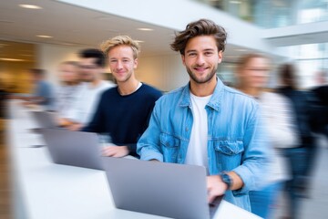 Aufkleber - Smiling Young Men Working on Laptops in a Modern Office, Representing Collaboration and Digital Transformation for Business Professionals : Generative AI