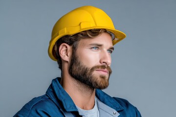 Aufkleber - Thoughtful Construction Worker in Yellow Hard Hat Looking to the Future, Representing Skilled Labor and Career Development Opportunities : Generative AI