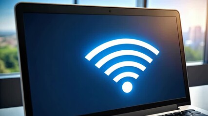 Poster - Laptop screen showing illuminated Wi-Fi connection icon, symbolizing internet access, wireless network technology, and communication.
