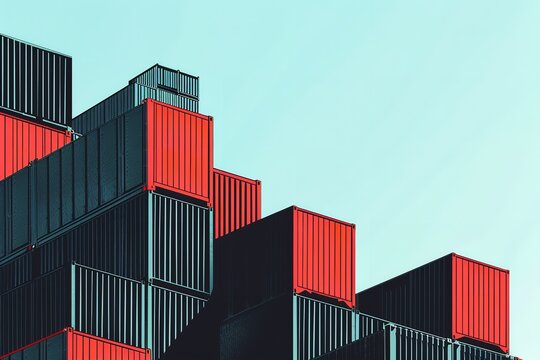 An eye-catching picture that conveys a sense of industry and movement, composed of stacked red and black cargo containers on a light blue backdrop, Generative AI.