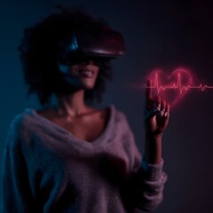 Poster - Woman interacting with holographic heart rate monitor in virtual reality