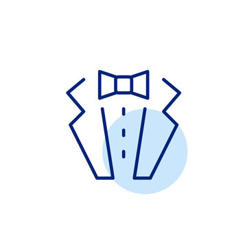 Tuxedo suit with bow tie. Celebration, wedding and high society events. Pixel perfect, editable stroke icon