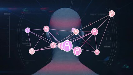 Fototapete - Initial pink node appearing on rotating 3D wireframe head mapping user network connections