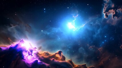 Wall Mural - Dramatic cosmic cloudscape featuring vibrant orange and blue nebulas and twinkling stars in vast interstellar space for science or fantasy projects