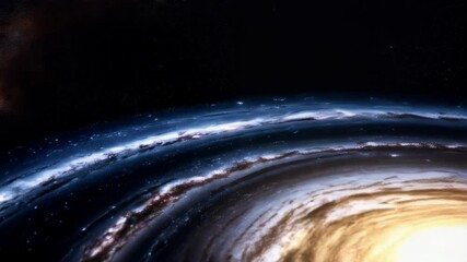 Wall Mural - Cinematic spiral galaxy simulation featuring swirling gas and dust with a bright, glowing galactic center viewed from an angle.