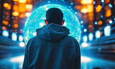 Poster - A person sits in contemplation, facing a holographic globe