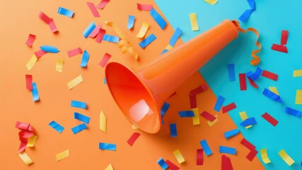Poster - A vibrant orange party horn amidst a flurry of colorful confetti