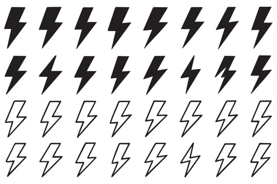 Collection of lightning bolt symbols, black, white, and outlined versions, ideal for power, energy, and storm themes, line art icon set