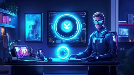 Poster - Cyberpunk character in futuristic office
