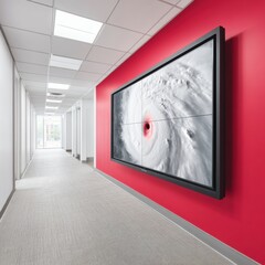 Poster - High-Resolution Hurricane Eye Display on Large Screen in Modern Office Hallway with Bold Red Wall - Emergency Monitoring and Climate Tech Innovation