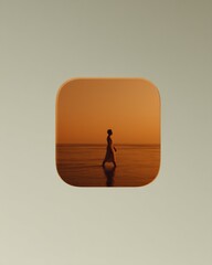 Poster - Minimalist mobile app icon with rounded corners featuring silhouetted person walking in sunset ocean scene, modern design for lifestyle and wellness digital platforms