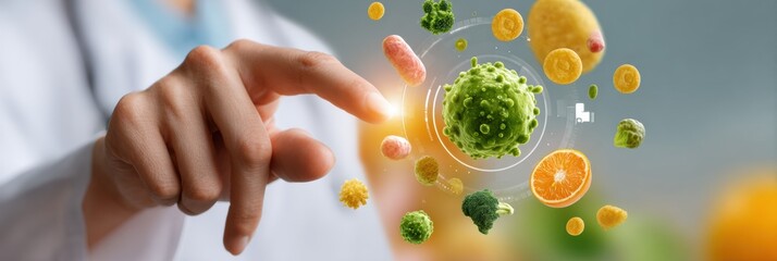 Poster - Interactive Vaccine Icon with Doctor Pointing at Floating Medical Symbols for Modern Healthcare Diagnostics and Digital Health Marketing