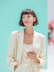 Poster - Modern businesswoman with bob haircut in minimalist suit holding tablet for digital demo on tech expo booth with sleek signage and lighting