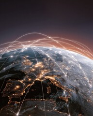 Aufkleber - Global Satellite Connectivity over Earth at Night with Interconnected Light Beams Bridging Continents for Modern Telecommunications and Network Innovation