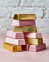 Poster - Stylish Stack of Gold and Pink Metallic Bars on Pastel Surface with Brick Wall - Luxury Finance Symbol and Modern Wealth Management Concept