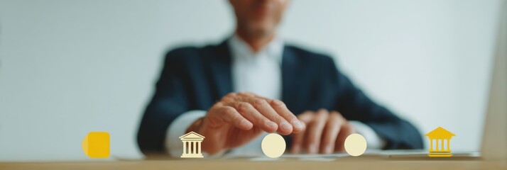 Poster - Businessman interacting with holographic GRC interface and governance icons on laptop keyboard in modern executive office for integrated compliance and risk management