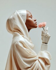 Aufkleber - Futuristic humanoid robot with transparent face and mechanical arm holding flower, symbolizing advanced AI, robotics innovation, and human-machine harmony