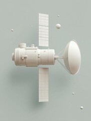 Poster - Minimalist Satellite Model with Extended Solar Panels and Communication Dish in Soft Neutral Tones for Space Technology Marketing and Innovation