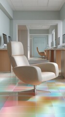 Aufkleber - Modern Workspace Interior Featuring Comfortable Beige Armchair with Soft Pastel Reflection Floor in Minimalist Professional Office Setting