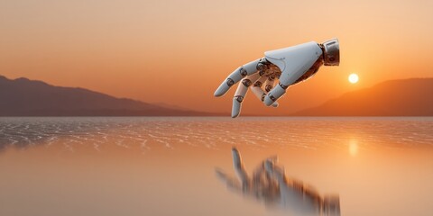 Poster - Futuristic robotic hand reaching toward quantum bit hologram at sunset, symbolizing human-machine interface and quantum computing innovation in business