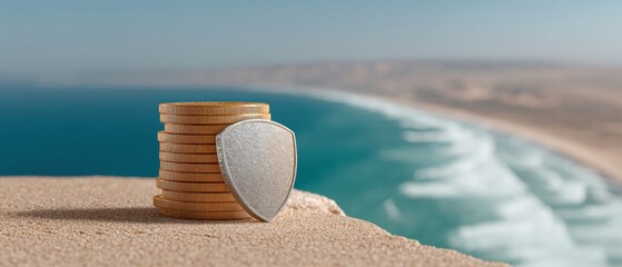 Poster - Privacy Coin Cryptocurrency Security Concept with Protective Shield and Padlock on Stacked Coins by Ocean - Financial Cybersecurity and Investment Protection Trend