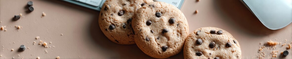Aufkleber - Digital Privacy Concept with Chocolate Chip Cookies and Tech Devices on Wooden Desk Promoting Modern Cookie Consent and Online Security Awareness