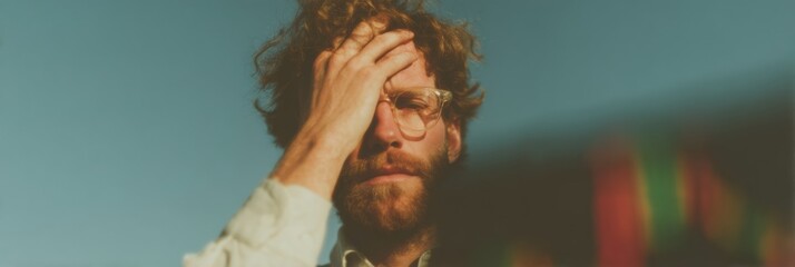Poster - Modern stressed investment professional with beard and glasses showing decision fatigue amidst multiple trading screens in high-pressure financial workplace