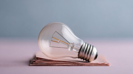 Poster - Close-up of Clear Light Bulb on Stacked Coins with Blurred Financial Documents Symbolizing Energy Inflation and Rising Utility Costs