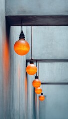 Poster - Vintage Industrial Factory Lights Hanging on Metal Beams with Concrete Wall Background - Modern Materials and Textures for Urban Design Trends