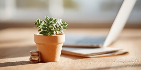 Aufkleber - Sustainable Business Concept with Small Potted Plant and Coins on Wooden Desk Showing Financial Growth and Policy Incentive Analysis