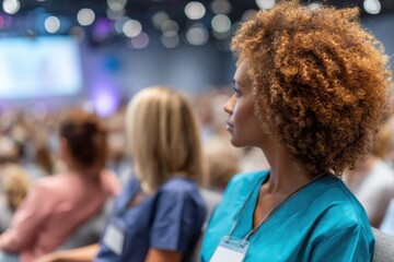 Poster - Diverse Nursing Professionals Engaged in Leadership Training at Modern Healthcare Conference with Focus on Evidence-Based Practice and Continuing Education