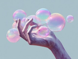 Poster - Digital Marble Hand Art with Iridescent Floating Bubbles in Modern Minimalist Style Symbolizing Creativity and Tech-Inspired Aesthetics