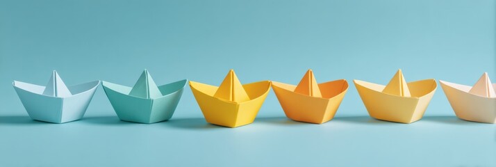 Aufkleber - Paper Boats Leadership Concept with Distinct Yellow Leader Guiding Fleet on Flat Surface - Modern Business Innovation and Team Direction Visual