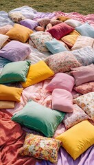Poster - Vibrant Next-Gen Picnic Scene with Colorful Cushions and Blankets in Natural Meadow - Modern Outdoor Comfort and Sustainable Lifestyle Trend