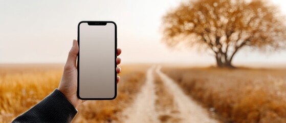 Poster - Minimalistic mobile device mockup held by person in dark clothing with blank screen, showcasing sleek digital connectivity and app design in natural autumn setting