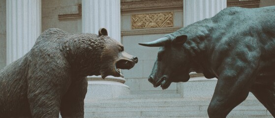 Poster - Financial Market Capitalization Bull and Bear Statue Battle Outside Stock Exchange with Stone Columns Representing Market Volatility and Business Trends